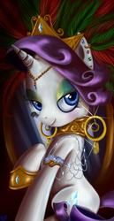 Size: 900x1740 | Tagged: safe, artist:kyle23emma, rarity, g4, alternate hairstyle, carnaval, fashion, female, festival, full body, jewelry, lidded eyes, looking at you, makeup, portrait, raised hoof, solo, three quarter view, tiara