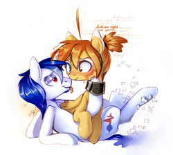Size: 1206x1080 | Tagged: safe, artist:locksto, oc, oc only, pegasus, pony, unicorn, :p, blushing, cheek rub, collar, colored wings, colored wingtips, eye contact, facial hair, female, goatee, leaning, licking, lidded eyes, looking at each other, magic, male, mare, on back, on top, ponytail, shipping, silly, simple background, smiling, stallion, straight, telekinesis, text, tongue out, white background, wide eyes