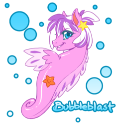 Size: 986x1060 | Tagged: safe, artist:toastiepony, oc, oc only, oc:bubbleblast, sea pony, starfish, bubble, dorsal fin, fin, fins, flowing mane, ocean, scales, solo, swimming, underwater, water