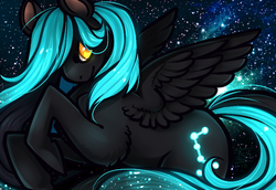 Size: 800x550 | Tagged: safe, artist:dragon-frog, oc, oc only, oc:monoceros, pegasus, pony, flying, male, solo, space, stallion