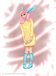 Size: 1600x2173 | Tagged: safe, artist:eltaile, fluttershy, human, g4, boots, bracelet, bunny ears, clothes, dress, humanized