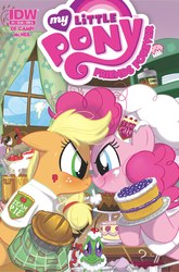 Size: 2063x3131 | Tagged: safe, artist:amy mebberson, idw, official comic, applejack, gummy, pinkie pie, winona, earth pony, pony, friends forever #1, g4, my little pony: friends forever, boop, cake, comic, cover, cupcake, female, mare, noseboop, pie