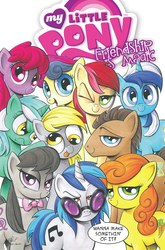 Size: 2063x3131 | Tagged: safe, artist:andy price, idw, official comic, berry punch, berryshine, bon bon, carrot top, derpy hooves, dj pon-3, doctor whooves, golden harvest, lyra heartstrings, minuette, octavia melody, roseluck, sweetie drops, time turner, vinyl scratch, earth pony, pegasus, pony, unicorn, g4, amused, andy you magnificent bastard, background pony, background six, background ten, bon bon is amused, bowtie, comic, cover, dreamworks face, female, lidded eyes, lyra is not amused, male, mare, one eye closed, red eyes, speech bubble, stallion, tongue out, unamused, when she speaks, wink