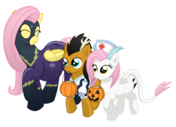 Size: 15000x10800 | Tagged: dead source, safe, artist:xniclord789x, fluttershy, oc, oc:lillie de thea, oc:tumble, hybrid, g4, absurd resolution, adorable face, clothes, costume, cute, halloween, interspecies offspring, mouth hold, nightmare night, nightmare night costume, offspring, parent:discord, parent:fluttershy, parents:discoshy, pregnant, shadowbolts, shadowbolts costume, shyabetes, simple background, transparent background, trio