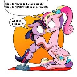 Size: 370x370 | Tagged: safe, idw, princess cadance, twilight sparkle, alicorn, pony, unicorn, g4, spoiler:comic, butt ball, dennis the menace, dissonant cadance, duo, filly, filly twilight sparkle, game grumps, horn, mr. wilson