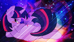 Size: 1920x1080 | Tagged: safe, artist:meteor-venture, artist:php11, twilight sparkle, pony, unicorn, g4, bedroom eyes, blushing, both cutie marks, covering, female, horn, solo, space, sultry pose, tail covering, vector, wallpaper