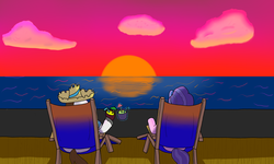 Size: 1024x614 | Tagged: safe, cookie crumbles, hondo flanks, g4, beach chair, chair, cruise, ocean, piña colada (drink), rarity's parents, ship:cookieflanks, sunset, vacation, wave