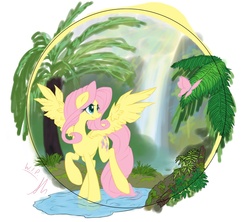 Size: 1125x1000 | Tagged: safe, artist:lightf4lls, fluttershy, butterfly, g4, female, forest, rainforest, scenery, solo, spread wings, waterfall