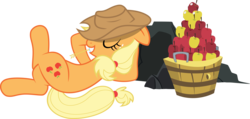 Size: 9247x4407 | Tagged: safe, artist:abydos91, applejack, earth pony, pony, g4, absurd resolution, apple, applejack's hat, basket, cowboy hat, eyes closed, female, hat, lying, on back, relaxing, simple background, solo, straw, straw in mouth, transparent background, vector