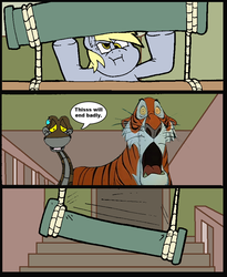 Size: 757x923 | Tagged: safe, artist:virus-20, derpy hooves, big cat, pegasus, pony, snake, tiger, g4, derpy alone, exploitable meme, female, home alone, home alone 2: lost in new york, kaa, mare, meme, shere khan, the jungle book