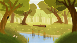 Size: 1920x1080 | Tagged: safe, artist:shiropoint, cattails, forest, log, pond, reeds, scenery, tree, wallpaper, water