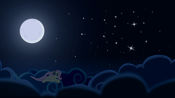 Size: 1920x1080 | Tagged: safe, artist:shiropoint, fluttershy, g4, cloud, cloudy, female, flying, headphones, moon, night, scenery, solo, stars