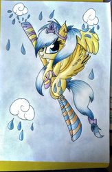 Size: 723x1106 | Tagged: safe, artist:xchrysalisssx, sunshower raindrops, g4, bow, chest fluff, clothes, cloud, cloudy, female, rain, socks, solo, striped socks, tiara, traditional art