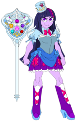 Size: 677x1079 | Tagged: safe, artist:terry, twilight sparkle, equestria girls, g4, boots, clothes, dress, element of generosity, element of honesty, element of kindness, element of laughter, element of loyalty, element of magic, elements of harmony, female, hat, scepter, skirt, solo, top hat