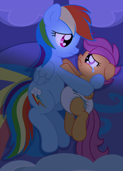 Size: 1250x1750 | Tagged: safe, artist:fillyscoots42, rainbow dash, scootaloo, pegasus, pony, g4, bed, crinkleloo, crying, cute, cutealoo, dashabetes, diaper, diaper fetish, duo, female, filly, heartwarming, looking at each other, mare, non-baby in diaper, poofy diaper, scootalove