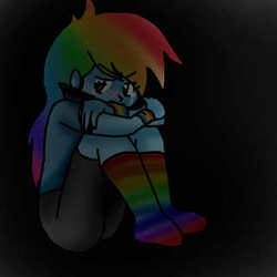 Size: 320x320 | Tagged: source needed, safe, artist:stockingstreams, rainbow dash, equestria girls, g4, black background, blushing, clothes, crying, darkness, female, missing shoes, rainbow socks, simple background, socks, solo, striped socks