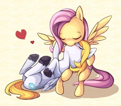 Size: 1000x881 | Tagged: safe, artist:grasspainter, fluttershy, oc, pegasus, pony, g4, blue shield, blushing, canon x oc, head on lap, kiss on the lips, kissing, on back, shipping