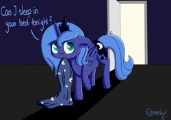 Size: 5000x3500 | Tagged: safe, artist:verminshy, princess luna, g4, blanket, bronybait, caption, female, filly, solo, woona, younger