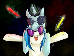 Size: 1024x774 | Tagged: safe, artist:cnat, dj pon-3, neon lights, rising star, vinyl scratch, g4, female, glowstick, male, ship:vinylights, shipping, straight