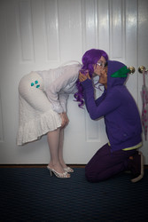 Size: 3162x4743 | Tagged: safe, artist:kagina, artist:mooshuu, rarity, spike, human, g4, 2012, anime conji, bent over, clothes, convention, cosplay, female, gem, glasses, high heels, hoodie, irl, irl human, kissing, kneeling, male, photo, present, ship:sparity, shipping, straight