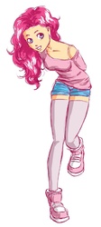 Size: 449x1000 | Tagged: safe, artist:arucardpl, pinkie pie, human, g4, clothes, denim shorts, female, humanized, shoes, shorts, sneakers, socks, solo, thigh highs