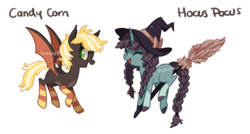Size: 806x432 | Tagged: safe, artist:tsurime, oc, oc only, oc:candy corn, oc:hocus pocus, bat pony, pony, unicorn, adoptable, braid, broom, clothes, ear fluff, eyes closed, female, flying, flying broomstick, freckles, halloween, hat, looking back, mare, open mouth, simple background, smiling, socks, spread wings, striped socks, transparent background, watermark, witch hat