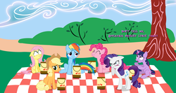 Size: 1280x683 | Tagged: safe, applejack, fluttershy, pinkie pie, rainbow dash, rarity, twilight sparkle, pony, g4, feed bag, mane six, picnic, who's a silly pony