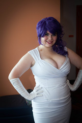 Size: 3744x5616 | Tagged: safe, artist:equestrian-strumpet, artist:mooshuu, rarity, human, g4, breasts, chubby, cleavage, clothes, cosplay, costume, equestria la, equestria la 2012, gloves, hand on hip, irl, irl human, long gloves, photo, solo