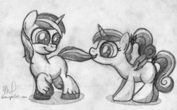 Size: 3244x2030 | Tagged: safe, artist:drawponies, princess cadance, shining armor, g4, colt, filly, monochrome, traditional art, younger