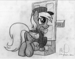 Size: 3036x2418 | Tagged: safe, artist:drawponies, derpy hooves, g4, bag, clothes, female, hat, letter, monochrome, mouth hold, solo, text, traditional art