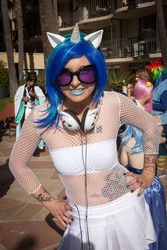 Size: 3744x5616 | Tagged: safe, artist:sequinsupernova, dj pon-3, vinyl scratch, human, g4, belly button, clothes, cosplay, irl, irl human, photo, skirt