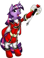 Size: 1254x1655 | Tagged: safe, artist:fourze-pony, twilight sparkle, pony, unicorn, g4, bipedal, clothes, cosplay, female, magired, mahou sentai magiranger, nightmare night, power rangers, power rangers mystic force, red ranger, solo, staff, standing, super sentai