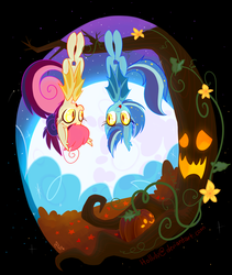 Size: 912x1081 | Tagged: safe, artist:meekcheep, oc, oc only, oc:star struck, bat pony, pony, behaving like a bat, halloween, holiday, jack-o-lantern, moon, pumpkin, stars, tree, upside down