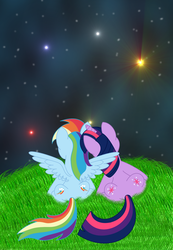 Size: 1024x1479 | Tagged: safe, artist:intet22, rainbow dash, twilight sparkle, g4, female, hill, lesbian, night, ship:twidash, shipping, stars