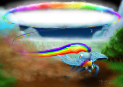 Size: 546x387 | Tagged: safe, rainbow dash, g4, female, goggles, rainbow, solo, sonic rainboom