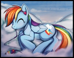 Size: 1200x946 | Tagged: safe, artist:scappo, rainbow dash, pegasus, pony, g4, cloud, cloudy, earbuds, eyes closed, female, happy, mare, smiling, solo