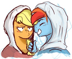 Size: 867x710 | Tagged: safe, artist:nolycs, applejack, rainbow dash, anthro, g4, blitzabetes, blushing, body writing, clothes, connect the dots, cute, drawing, female, freckles, half r63 shipping, hoodie, male, marker, prank, rainbow blitz, rule 63, rule63betes, ship:appleblitz, ship:appledash, shipping, straight, unamused