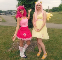 Size: 1000x967 | Tagged: safe, artist:ericameow, fluttershy, pinkie pie, human, g4, cosplay, irl, irl human, photo