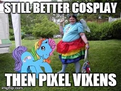 Size: 320x240 | Tagged: safe, rainbow dash, rainbow dash (g3), human, g3, g4, background pony strikes again, cosplay, image macro, irl, irl human, photo