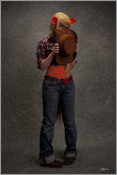 Size: 800x1192 | Tagged: safe, artist:grethe--b, applejack, human, g4, clothes, cosplay, covering, irl, irl human, jeans, photo, solo