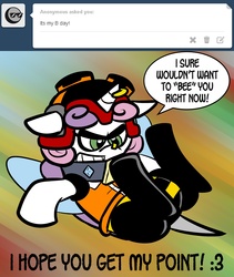Size: 2400x2850 | Tagged: safe, artist:pembroke, sweetie belle, ask meanie belle, g4, ask, charmy bee, crossover, female, meanie belle, pun, puns in the comments, solo, sonic the hedgehog (series), tumblr