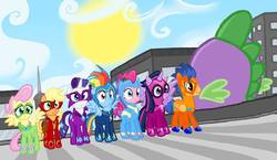 Size: 960x558 | Tagged: safe, applejack, fili-second, flash sentry, fluttershy, mistress marevelous, pinkie pie, radiance, rainbow dash, rarity, saddle rager, spike, twilight sparkle, zapp, alicorn, pony, g4, my little pony: friendship is magic, season 4, city, exploitable meme, female, flash sentry savior of the universe, mane seven, mane six, mare, masked matter-horn costume, meme, power ponies, speculation, twilight sparkle (alicorn)