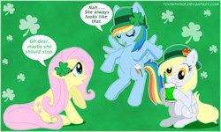 Size: 900x540 | Tagged: safe, artist:toontwins, derpy hooves, fluttershy, rainbow dash, pegasus, pony, g4, female, mare, saint patrick's day