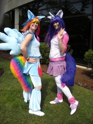 Size: 2448x3264 | Tagged: safe, artist:toontwins, rainbow dash, twilight sparkle, human, g4, cosplay, duo, irl, irl human, photo, tail, wings