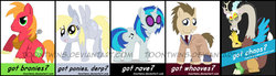 Size: 900x248 | Tagged: safe, artist:toontwins, big macintosh, derpy hooves, discord, dj pon-3, doctor whooves, time turner, vinyl scratch, earth pony, pony, g4, badge, male, stallion
