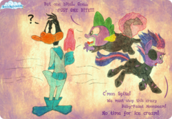 Size: 995x688 | Tagged: safe, artist:sonicrainboomz, spike, twilight sparkle, g4, crossover, daffy duck, duck dodgers, future twilight, ice cream, looney tunes, traditional art