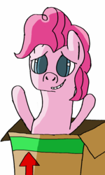 Size: 614x1024 | Tagged: safe, artist:symphonydawn3, pinkie pie, earth pony, pony, g4, bipedal, box, cardboard box, female, grin, hooves up, lidded eyes, mare, nervous, pony in a box, simple background, smiling, solo, waving, white background
