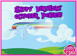 Size: 720x531 | Tagged: safe, rainbow dash, g4, official, birthday, female, flying, happy birthday, october, rainbow, solo, text