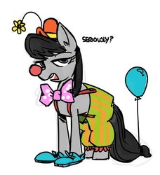 Size: 539x592 | Tagged: safe, artist:herny, octavia melody, g4, balloon, clothes, clown, clown nose, clown shoes, costume, dressup, female, octavia is not amused, one word, red nose, solo, unamused