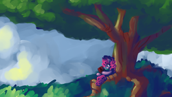 Size: 1600x900 | Tagged: safe, artist:fauxsquared, pinkie pie, g4, book, female, reading, solo, tree, wallpaper